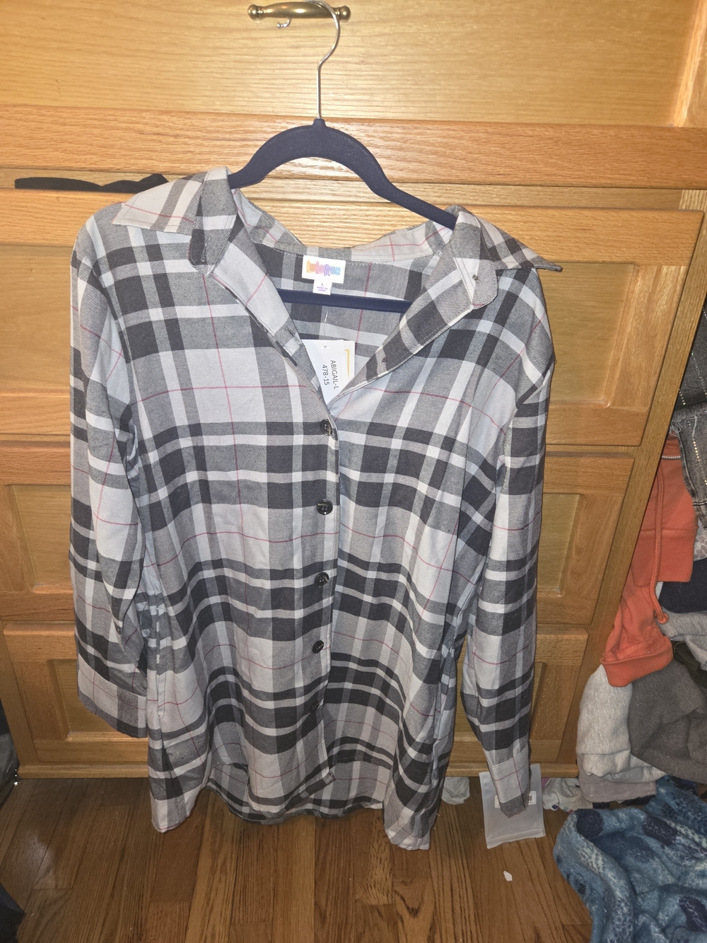 LuLaRoe Gray Black Plaid Shirt with Thin Red Lines